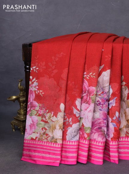 Kota silk cotton saree red and pink with allover floral digital prints and woven border