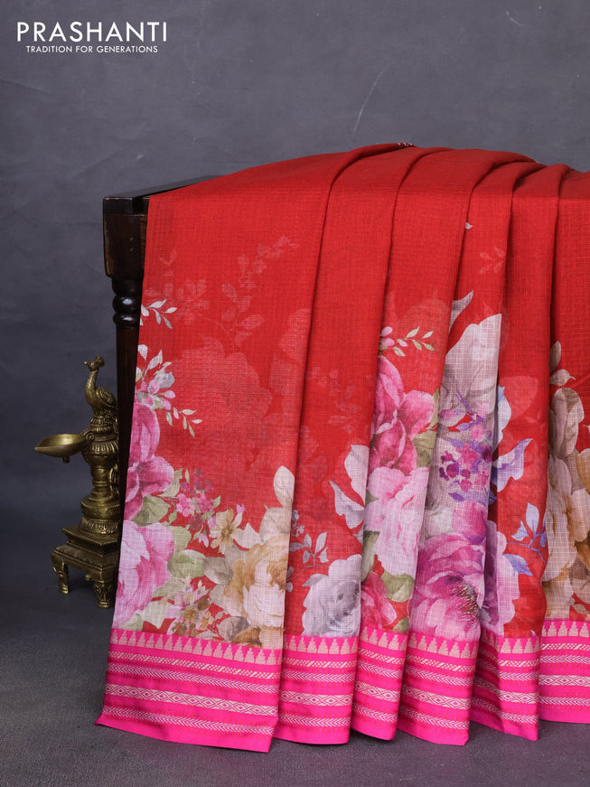 Kota silk cotton saree red and pink with allover floral digital prints and woven border