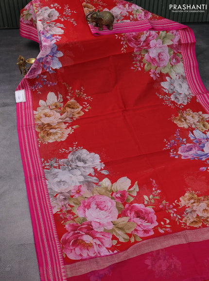 Kota silk cotton saree red and pink with allover floral digital prints and woven border