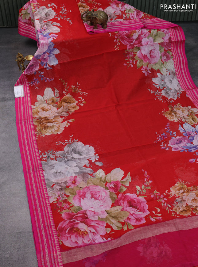 Kota silk cotton saree red and pink with allover floral digital prints and woven border