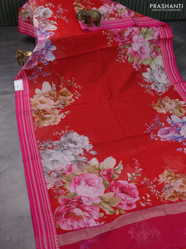 Kota silk cotton saree red and pink with allover floral digital prints and woven border