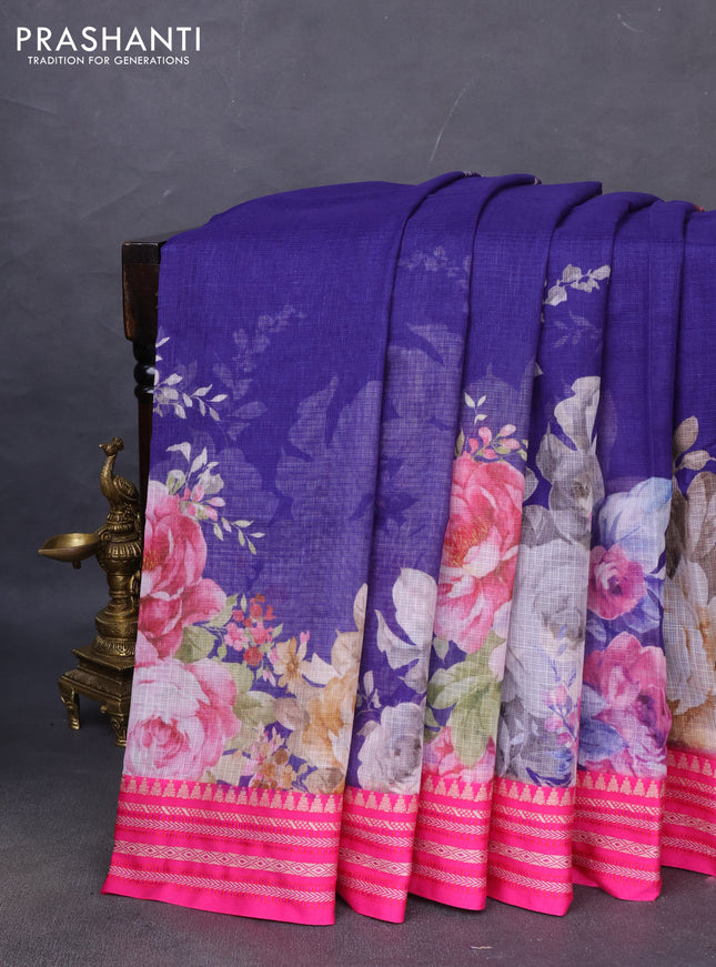 Kota silk cotton saree blue and pink with allover floral digital prints and woven border