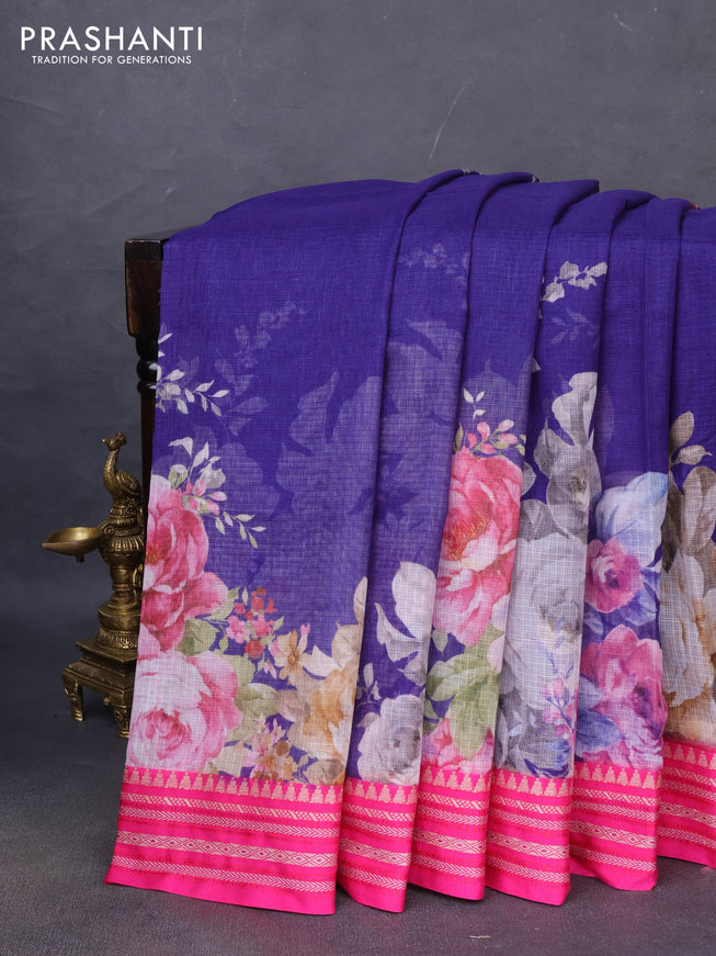 Kota silk cotton saree blue and pink with allover floral digital prints and woven border