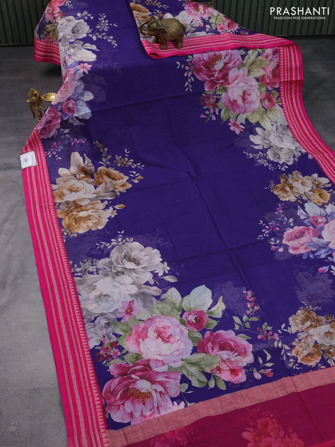 Kota silk cotton saree blue and pink with allover floral digital prints and woven border
