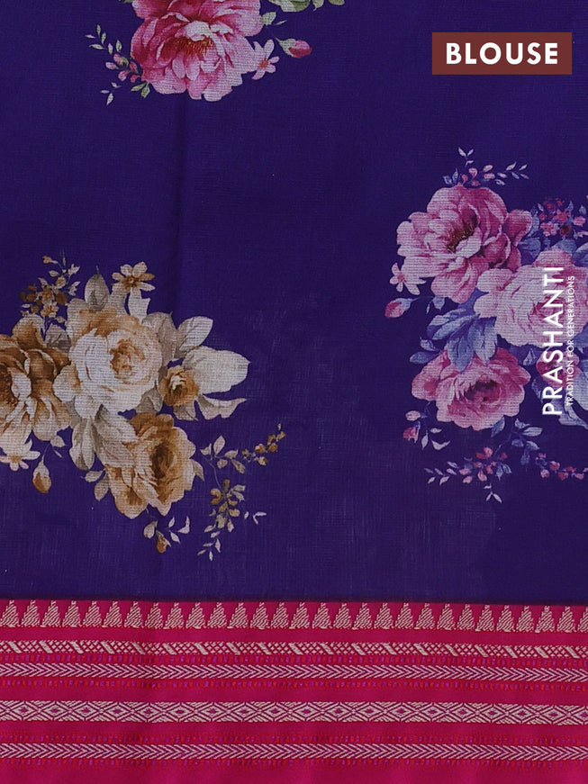 Kota silk cotton saree blue and pink with allover floral digital prints and woven border