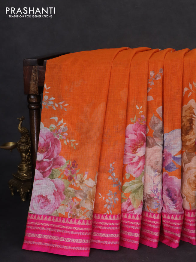 Kota silk cotton saree orange and pink with allover floral digital prints and woven border