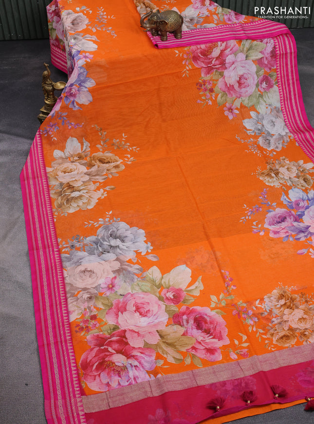Kota silk cotton saree orange and pink with allover floral digital prints and woven border