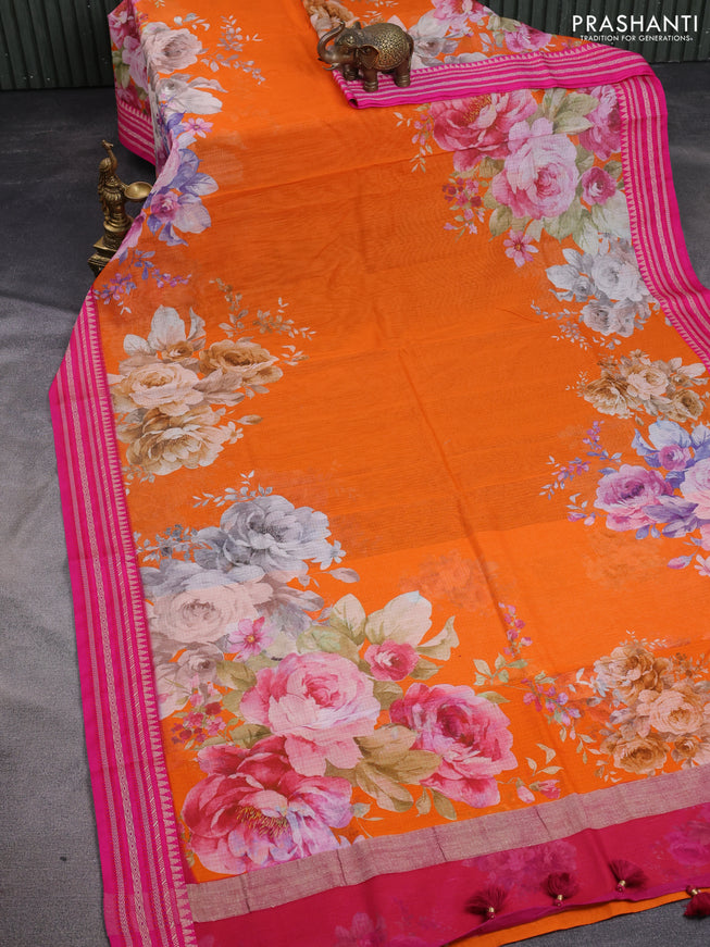 Kota silk cotton saree orange and pink with allover floral digital prints and woven border