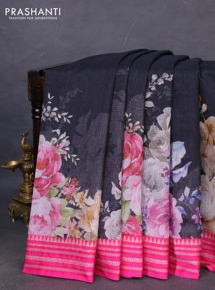 Kota silk cotton saree black and pink with allover floral digital prints and woven border