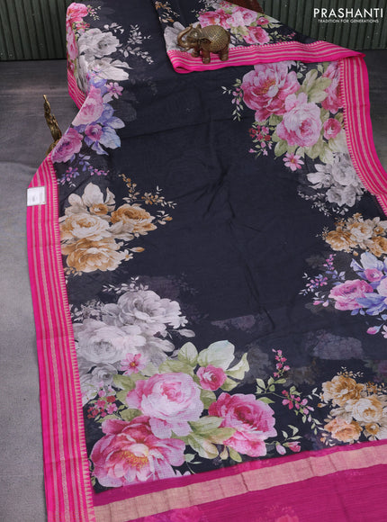 Kota silk cotton saree black and pink with allover floral digital prints and woven border