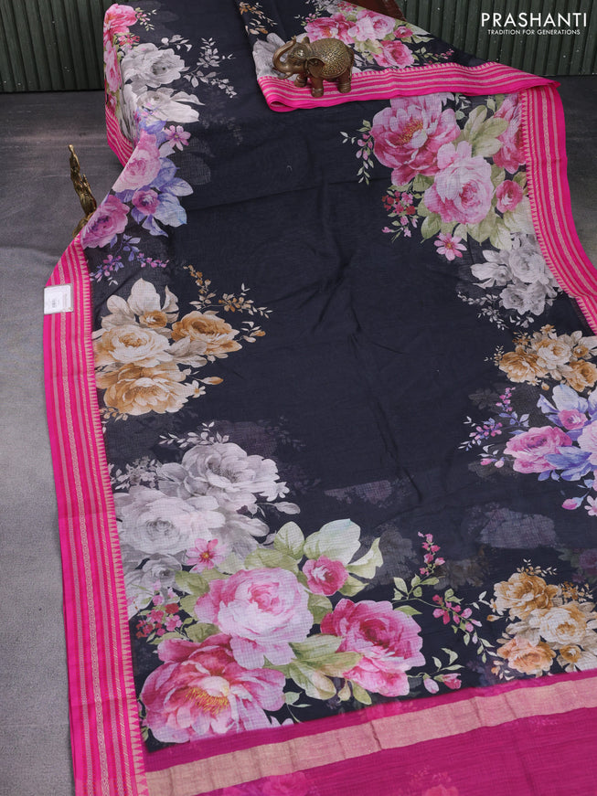 Kota silk cotton saree black and pink with allover floral digital prints and woven border