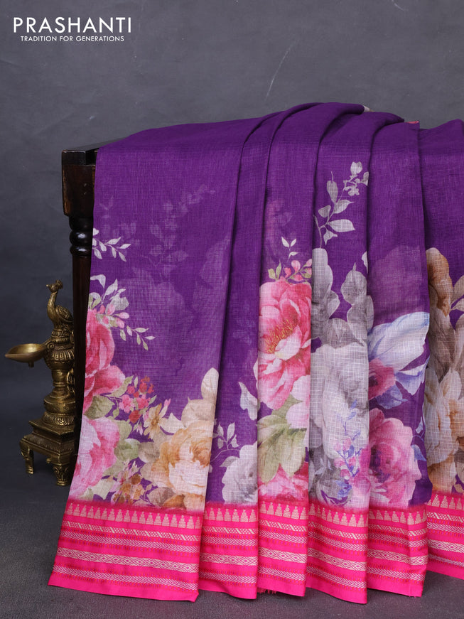Kota silk cotton saree purple and pink with allover floral digital prints and woven border