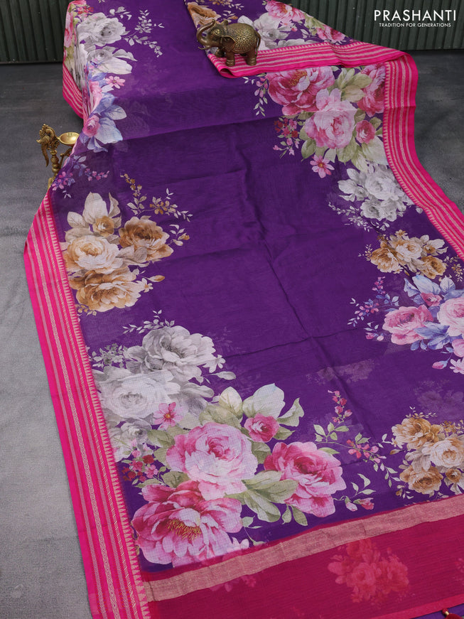 Kota silk cotton saree purple and pink with allover floral digital prints and woven border