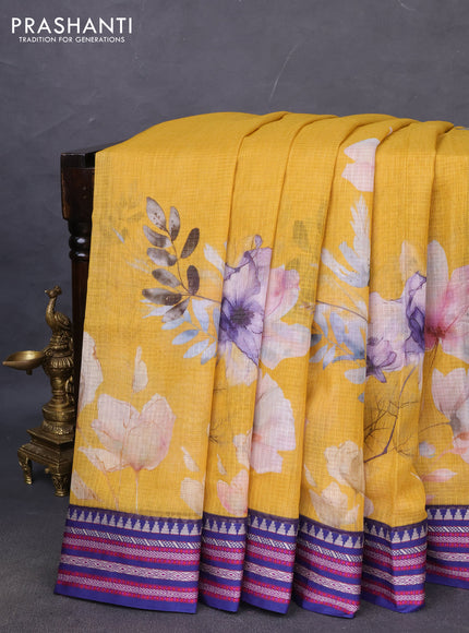 Kota silk cotton saree mustard yellow and blue with allover floral digital prints and woven border