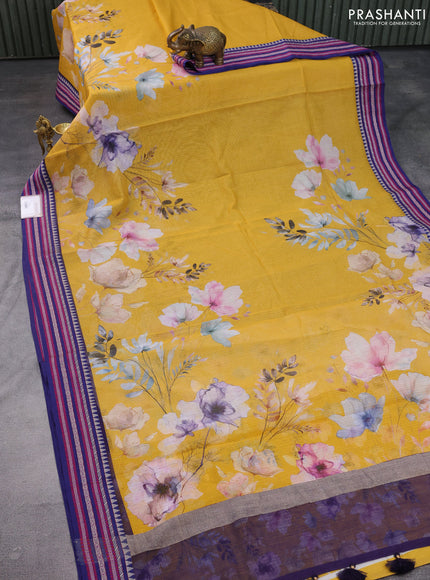 Kota silk cotton saree mustard yellow and blue with allover floral digital prints and woven border