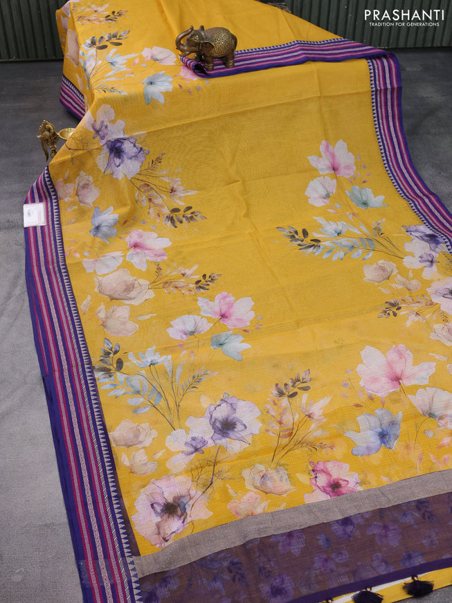Kota silk cotton saree mustard yellow and blue with allover floral digital prints and woven border