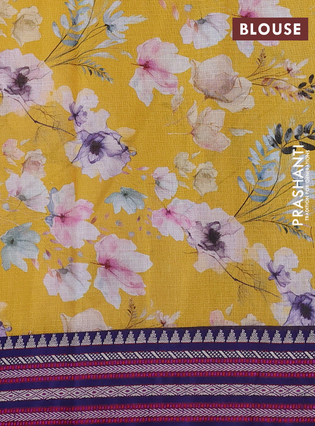 Kota silk cotton saree mustard yellow and blue with allover floral digital prints and woven border