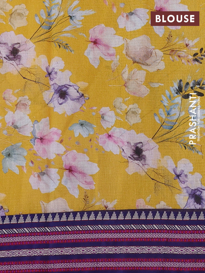 Kota silk cotton saree mustard yellow and blue with allover floral digital prints and woven border