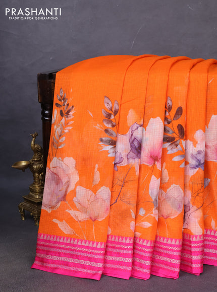 Kota silk cotton saree orange and pink with allover floral digital prints and woven border
