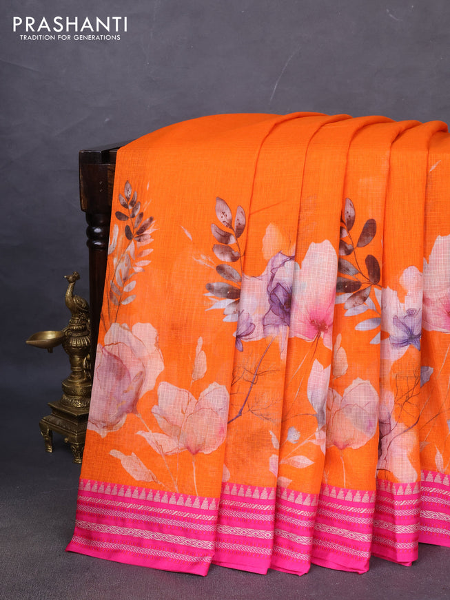 Kota silk cotton saree orange and pink with allover floral digital prints and woven border