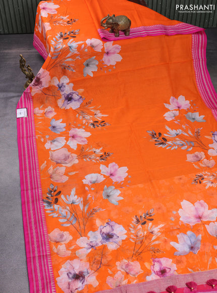 Kota silk cotton saree orange and pink with allover floral digital prints and woven border