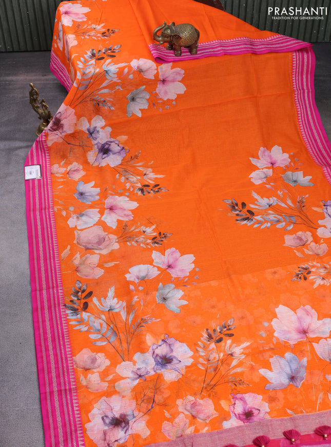 Kota silk cotton saree orange and pink with allover floral digital prints and woven border