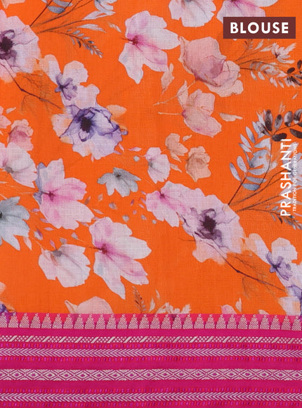 Kota silk cotton saree orange and pink with allover floral digital prints and woven border