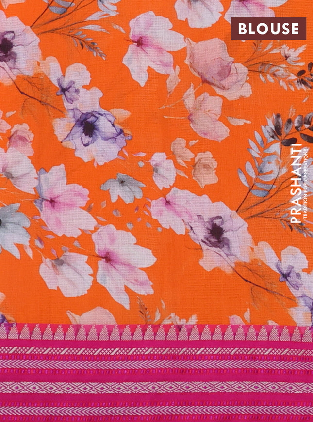 Kota silk cotton saree orange and pink with allover floral digital prints and woven border