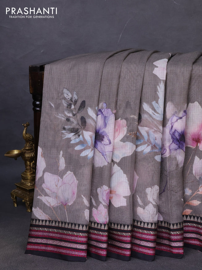 Kota silk cotton saree grey and black with allover floral digital prints and woven border