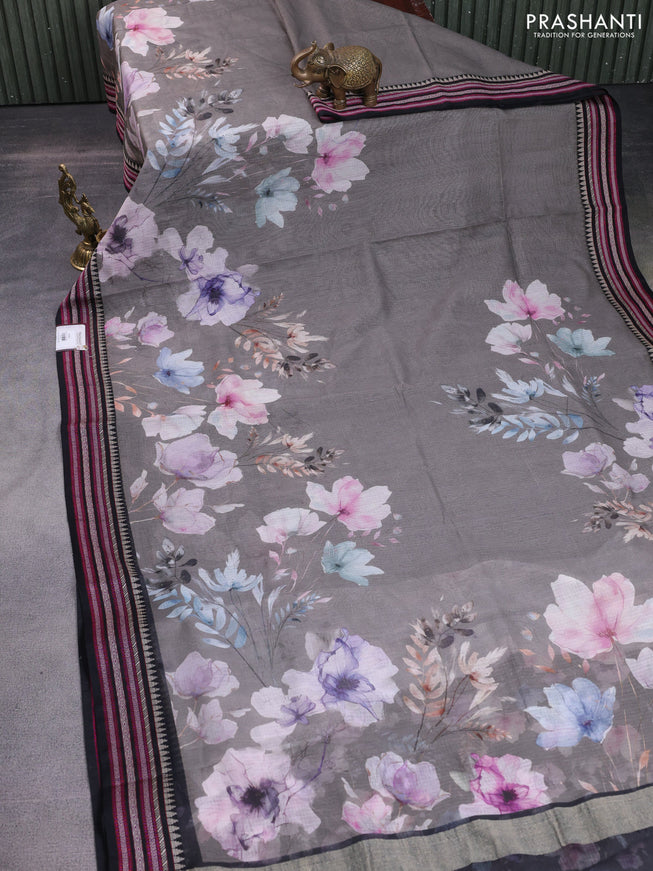 Kota silk cotton saree grey and black with allover floral digital prints and woven border