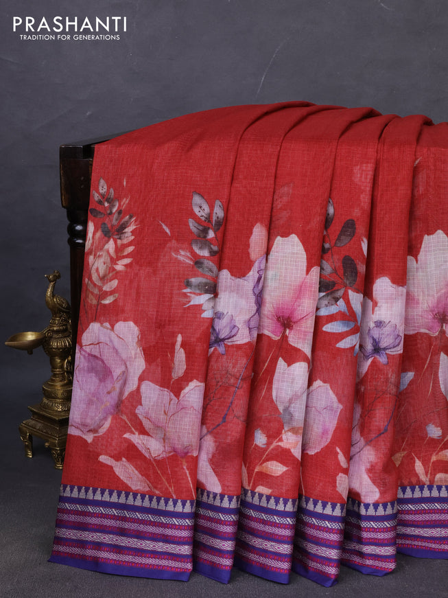 Kota silk cotton saree maroon and blue with allover floral digital prints and woven border