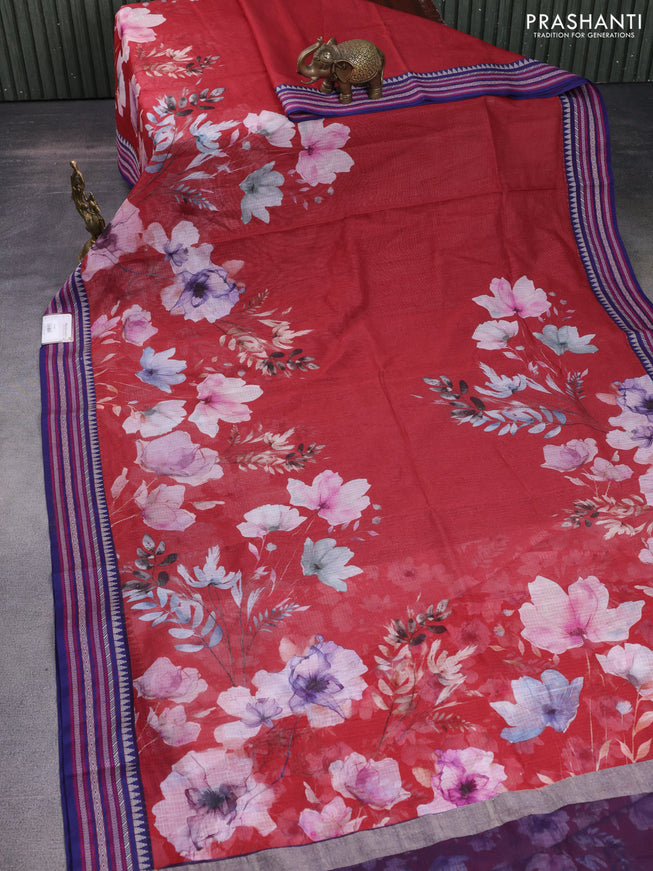 Kota silk cotton saree maroon and blue with allover floral digital prints and woven border