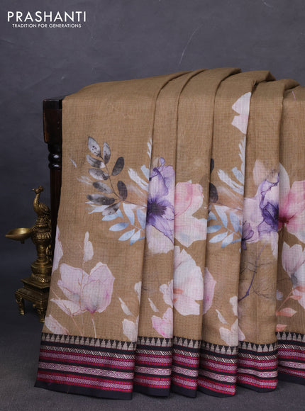 Kota silk cotton saree beige and black with allover floral digital prints and woven border