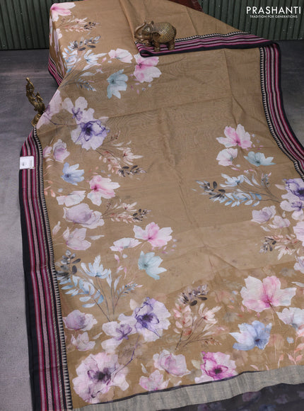 Kota silk cotton saree beige and black with allover floral digital prints and woven border