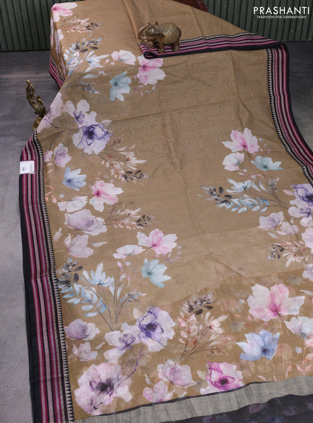 Kota silk cotton saree beige and black with allover floral digital prints and woven border