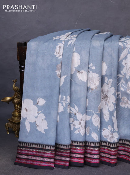 Kota silk cotton saree grey and black with allover floral digital prints and woven border