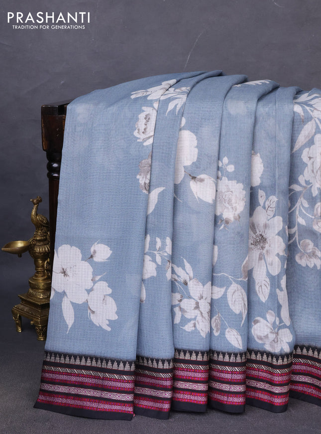 Kota silk cotton saree grey and black with allover floral digital prints and woven border