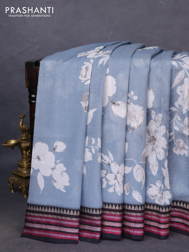 Kota silk cotton saree grey and black with allover floral digital prints and woven border