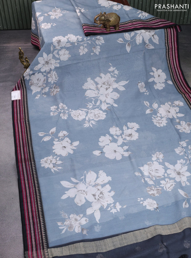 Kota silk cotton saree grey and black with allover floral digital prints and woven border