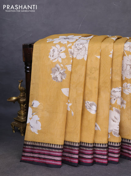 Kota silk cotton saree mustard shade and black with allover floral digital prints and woven border
