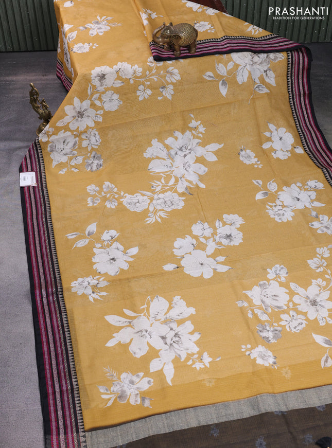 Kota silk cotton saree mustard shade and black with allover floral digital prints and woven border