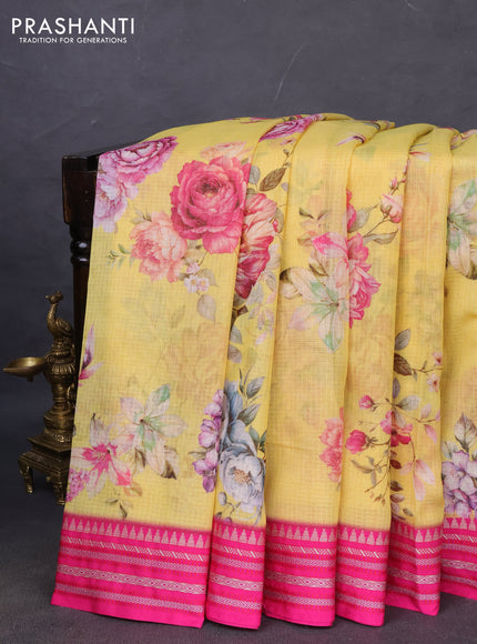 Kota silk cotton saree yellow and pink with allover floral digital prints and woven border