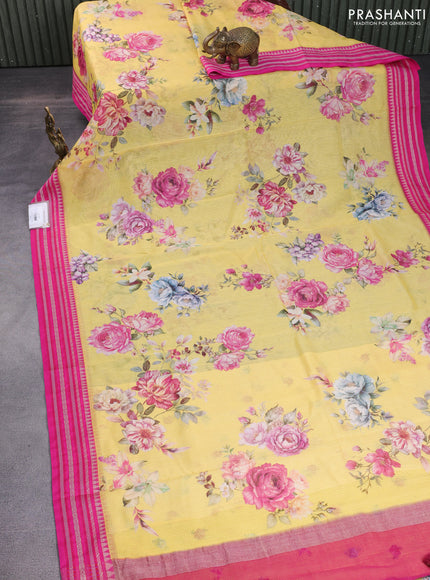 Kota silk cotton saree yellow and pink with allover floral digital prints and woven border