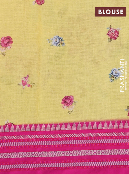 Kota silk cotton saree yellow and pink with allover floral digital prints and woven border