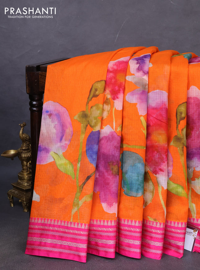 Kota silk cotton saree orange and pink with allover floral digital prints and woven border
