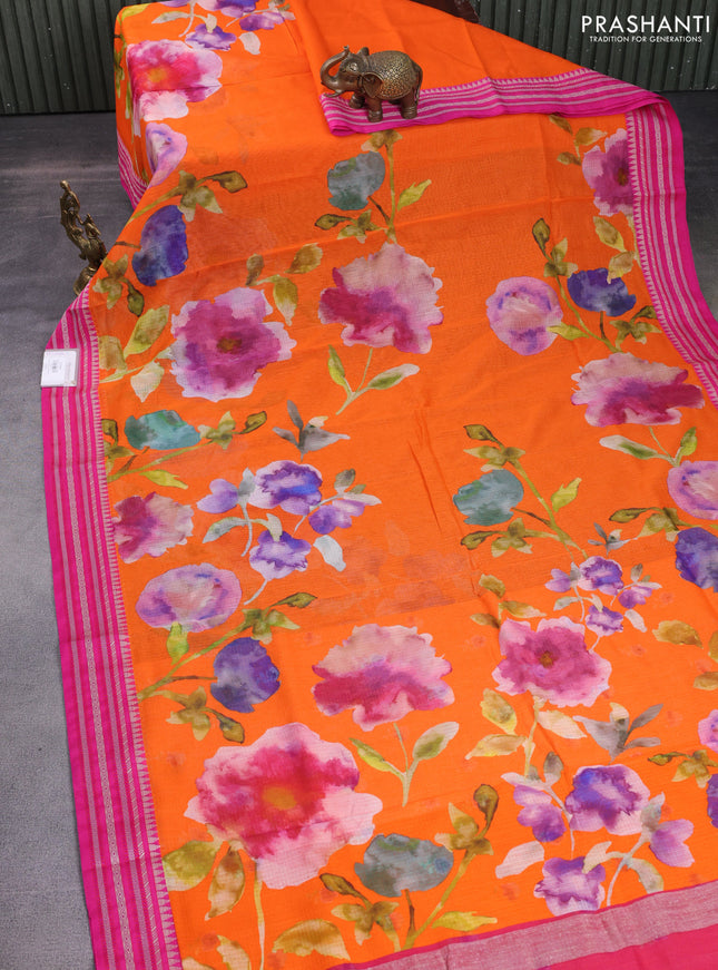 Kota silk cotton saree orange and pink with allover floral digital prints and woven border