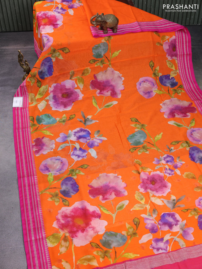 Kota silk cotton saree orange and pink with allover floral digital prints and woven border
