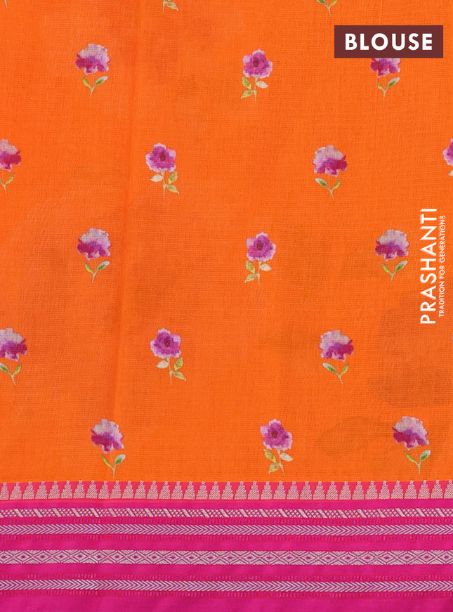 Kota silk cotton saree orange and pink with allover floral digital prints and woven border