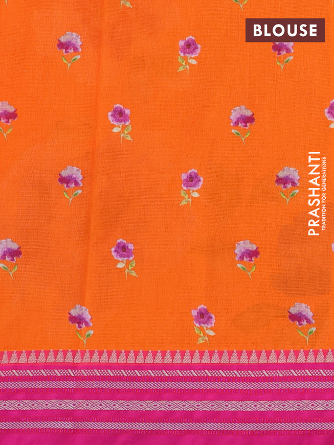 Kota silk cotton saree orange and pink with allover floral digital prints and woven border