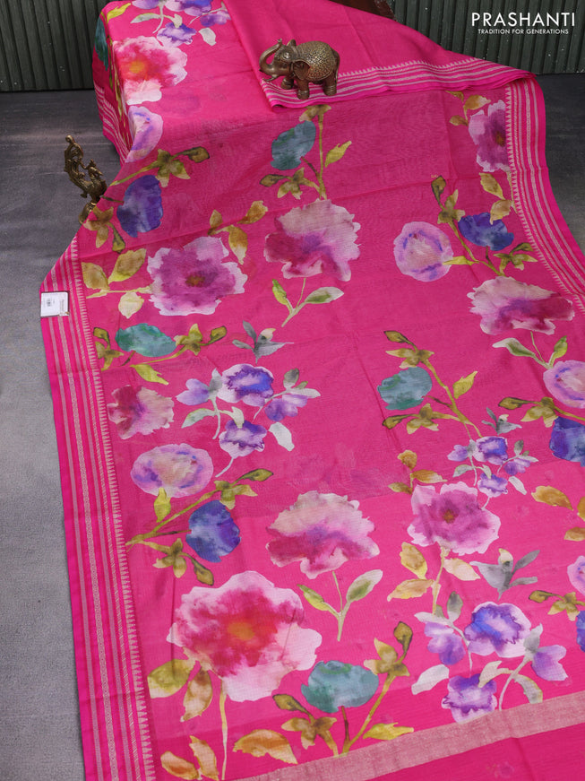 Kota silk cotton saree magenta pink with allover floral digital prints and woven border